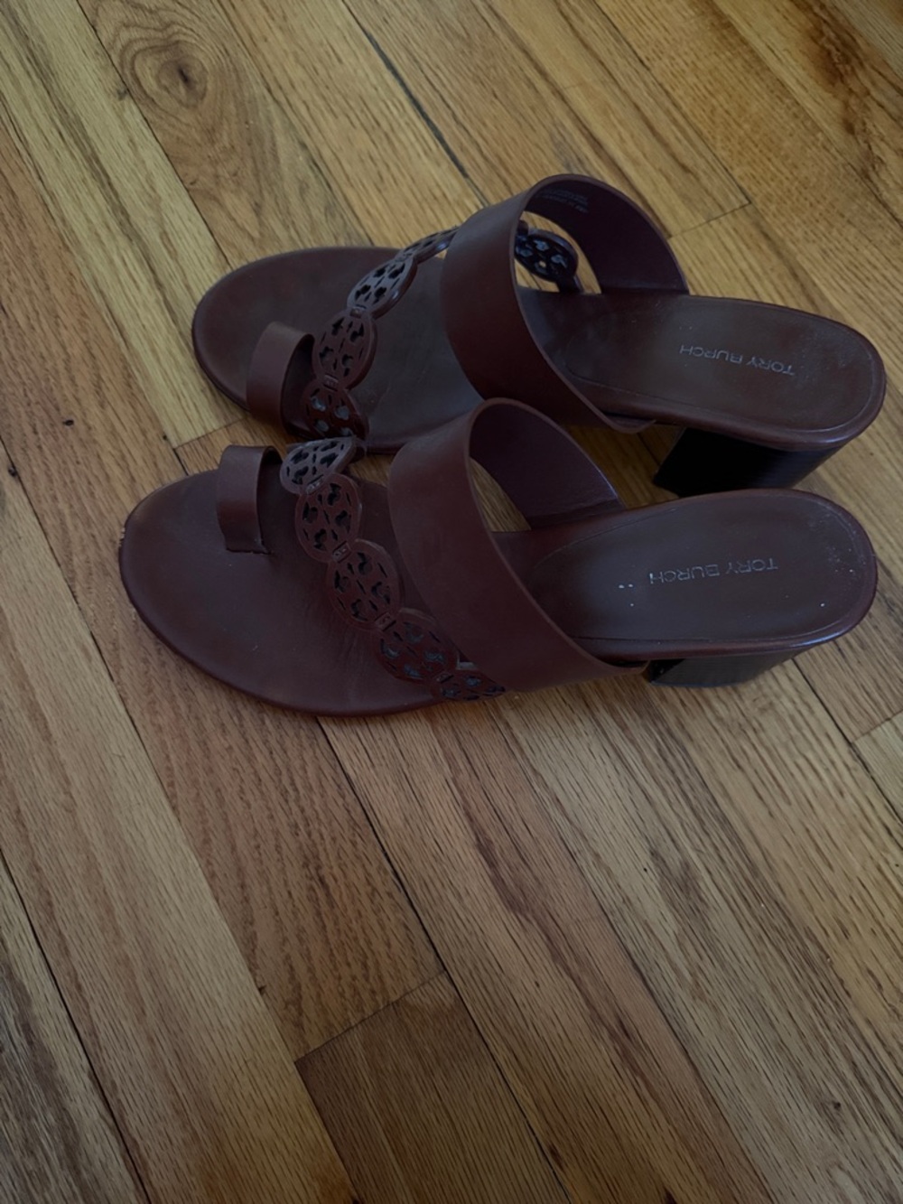 Tory Burch Brown Leather Logo Cutout Slide Mules - Picture 3 of 5